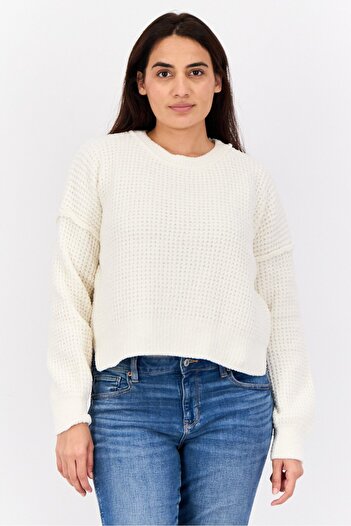 PİNK ROSE Women Crew Neck Knitted Sweater, White