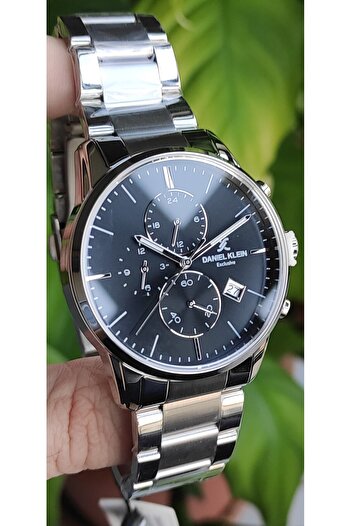 Daniel Klein Men's Silver Stylish Function Black Dial Metal Band Wrist Watch - Date, Dual Time