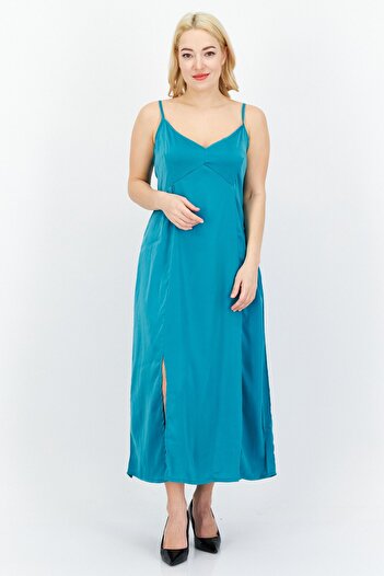 French Connection Women Plain Satin Maxi Casual Dress, Teal Blue