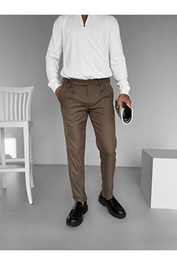 ablukaonline Men's Light Brown Pleated Fabric Trousers