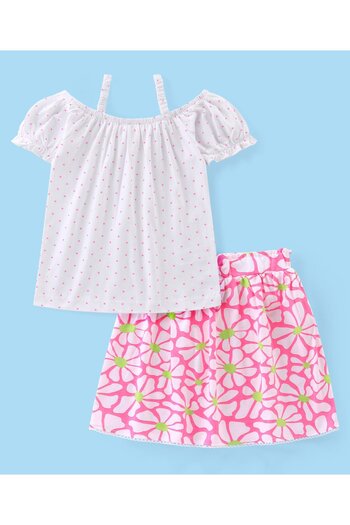 Babyhug Babyhug Cotton Knit Polka Dots Singlet Top & Floral Printed Skirt Set - White