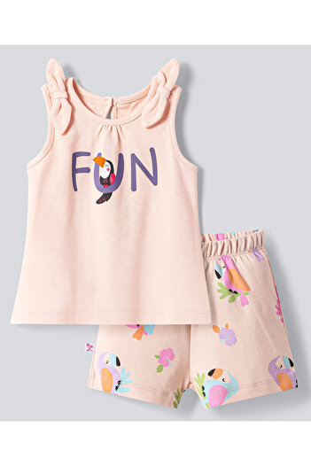 Bonfino Bonfino Cotton Knit Sleeveless Top & Shorts Set with Birds Print & Bow Applique - Light Pink