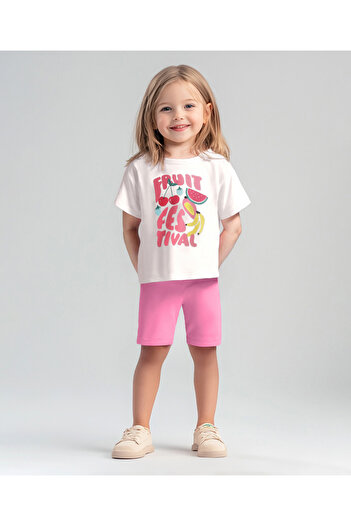 Bonfino Bonfino 100% Cotton Knit Half Drop Shoulder Sleeves Oversized T-Shirt&Shorts Set Fruits -Ivory&Pink