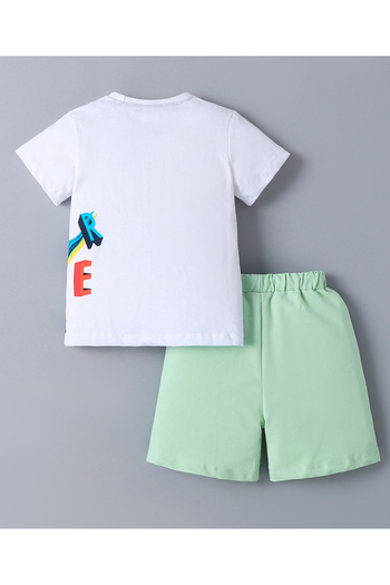 SAPS SAPS 100% Cotton T-Rex Dinosaur Graphic Short Sleeve T-Shirt & Patch Short Set-White & Green