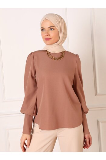 Refka Balloon Sleeve Button Detailed Stylish Blouse - Soil- Refka
