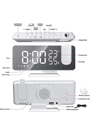 COOYA Alarm Clock, 180 Rotable Projector LED Digital with Temperature Display, Dual Alarms, Snooze