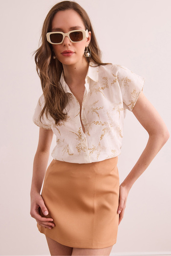 Olalook Women's Leaf Beige Flared Linen Bat Shirt Gml- 19001317