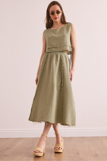 Olalook Women's Khaki Elastic Waist Dirty Stitching Muslin Skirt Etk- 19000310