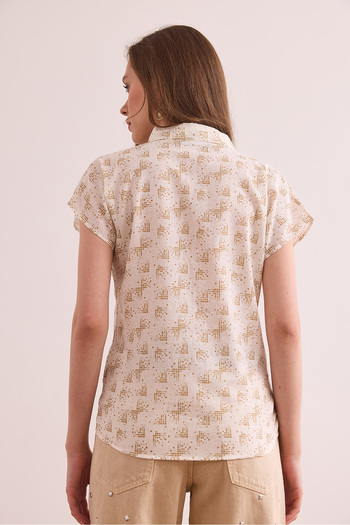 Olalook Women's Pixel Beige Flared Linen Bat Shirt Gml- 19001317