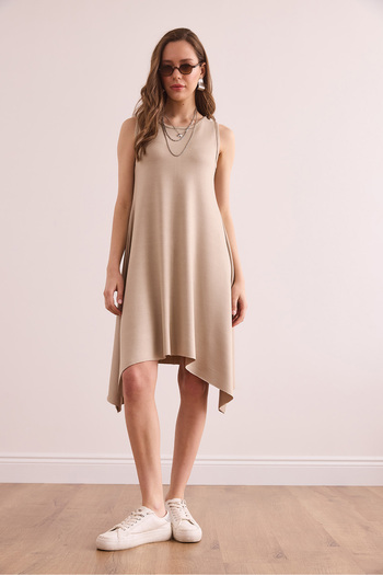 Olalook Women's Beige Soft Textured Sleeveless Bell Dress Elb- 19002376