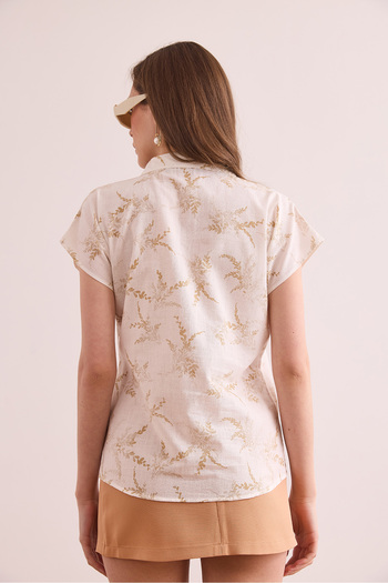Olalook Women's Leaf Beige Flared Linen Bat Shirt Gml- 19001317