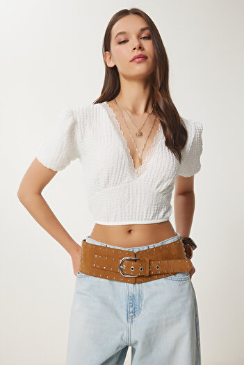 Happiness İstanbul Women's White Balloon Sleeve Crop Knitted Blouse Zv00278