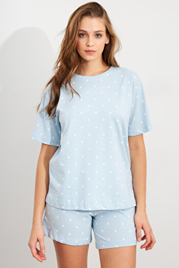 Cool & Sexy Women's Baby Blue Heart Polka Dot Pajamas Suit Han300