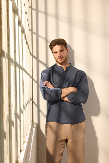 Trendyol Collection Navy Blue Oversize Limited Edition 100% Linen Shirt Tmnss24Go00057