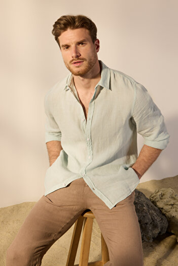 Trendyol Collection Blue Limited Edition 100% Linen Regular Fit Shirt