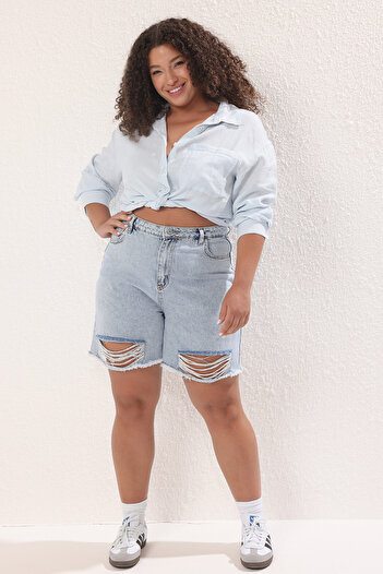 Trendyol Curve Blue High Waist Destroy Detailed Plus Size Denim Shorts Tbbss25Ap00034
