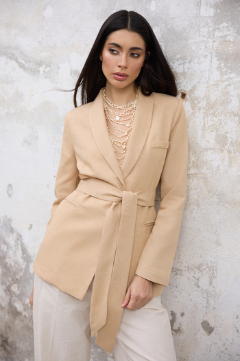 Trendyol Collection Beige Blazer Jacket - Linen Look, Belted Neck Twoss25Bc00037