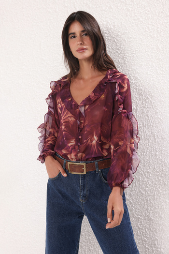 Trendyol Collection Cămașă țesătă cu volane florale din șifon prune TWOSS25GO00063