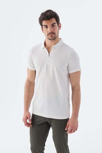 Jakamen Ecru Zippered Slim Fit Polo Neck T-Shirt