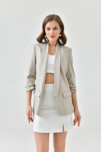Park Karon Women's Stone Striped Sleeve Gathered Blazer Jacket