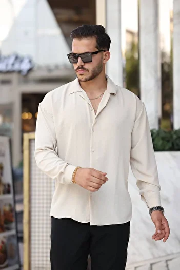 Tex Republic Ανδρικό πουκάμισο με κρέμα casual κοπής με υφή Oversize Casual Aerobin