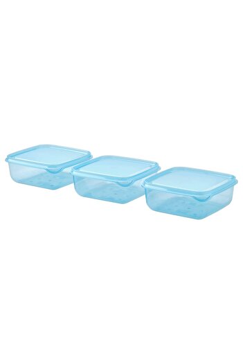 IKEA PRUTA 0.6L Food Container with Lid, Blue 14x14x6cm, 3-Pack, Stackable