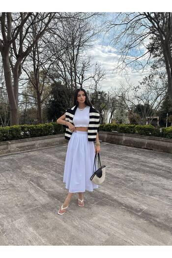 LOCH BUTİK Women's White Linen Pleated Lined Skirt