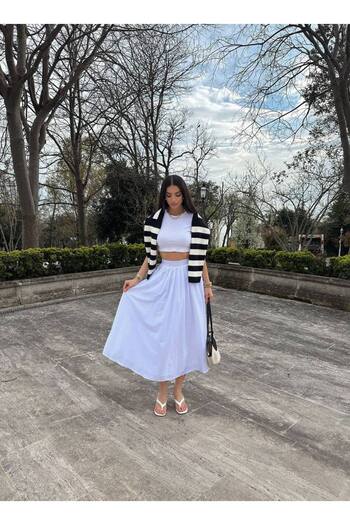 LOCH BUTİK Women's White Linen Pleated Lined Skirt