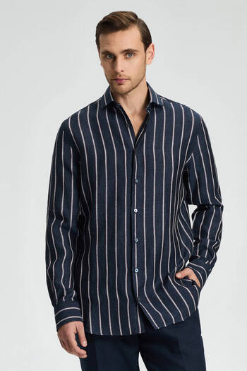 Hemington Navy Blue Pure Linen Line Patterned Shirt