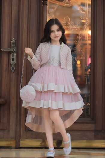 MİSS RAİN Girl's Evening Dress with Front Short Back with Long Volan Embroidered Jacket - Bag