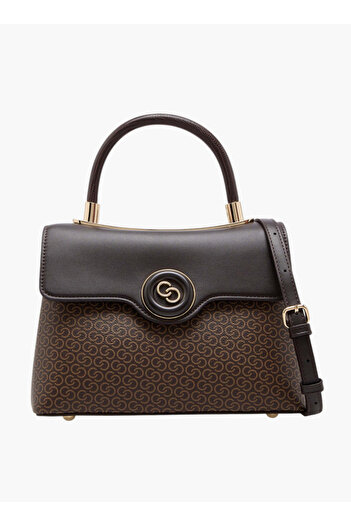 Celeste Monogram Print Satchel Bag with Detachable Strap and Flap Closure - W 25.5 x H 19 x D 11.5 cm