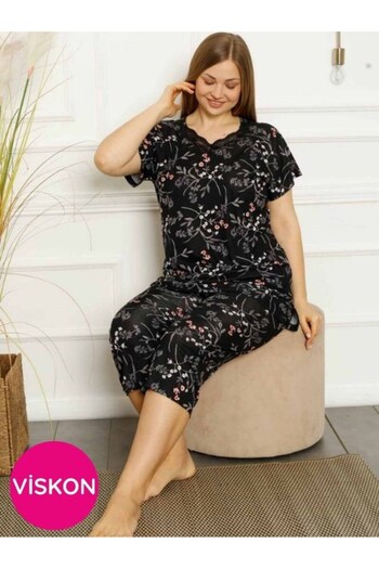 bie's Black Floral Mother Pajamas Set - Large Size, Lace Detail, Short Sleeve
