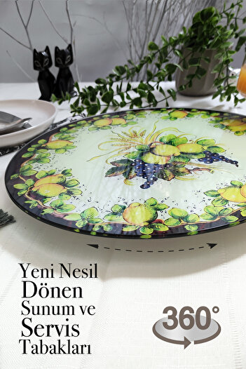 Sunum360 İtalyan Limon Desenli, Dönen Standlı Lüx Servis Sunum Tabağı, Dönen Pasta ve Peynir Tabağı Standı
