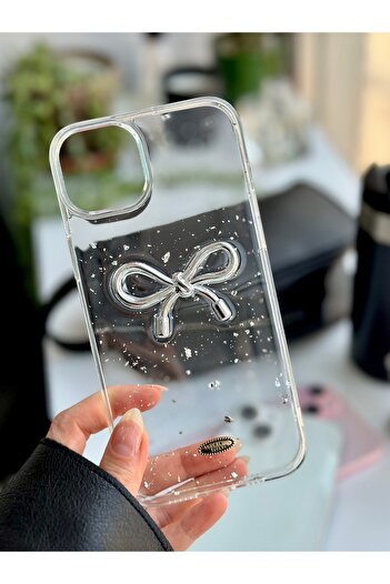 Go Aksesuar iPhone 14 Plus - 15 Plus Compatible Transparent Glitter Ribbon Epoxy Phone Case