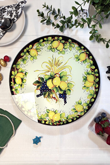 Sunum360 İtalyan Limon Desenli, Dönen Standlı Lüx Servis Sunum Tabağı, Dönen Pasta ve Peynir Tabağı Standı