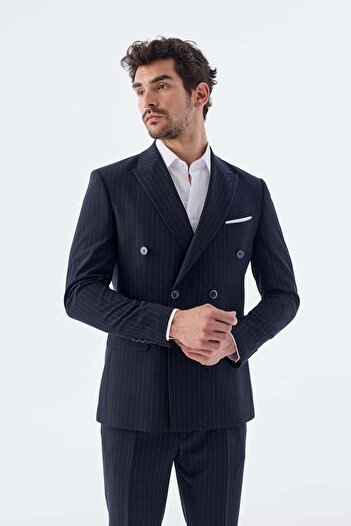 Jakamen Navy Blue Slim Fit Striped Double Breasted Suit