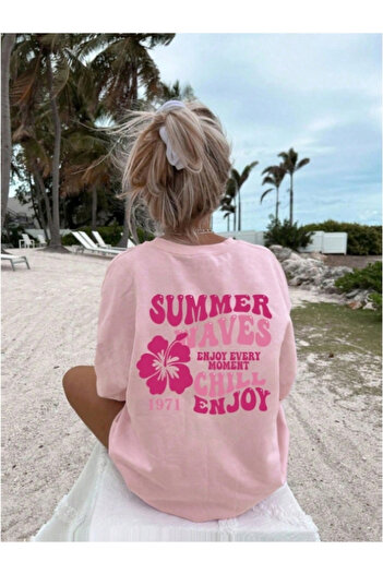 MOONBULL Kadın Summer Waves Sırt Baskılı Oversize T-shirt