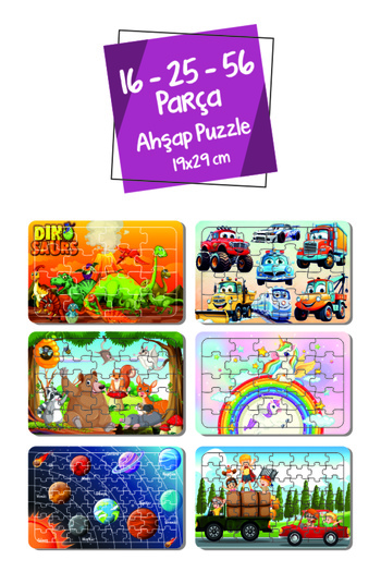 Leelii Tasarım Dinosaur, Cute Vehicles, Unicorn, Animals, Planet, Truck, Car 16-25-56 Piece Wooden Puzzle Set