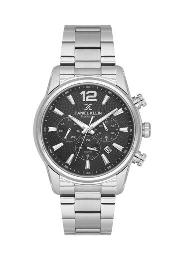 Daniel Klein Men's Silver Black Design Dial Active Function Metal Band Wrist Watch - Date, Day, Dual Time