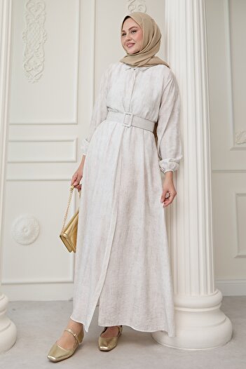 InStyle Shirt Collar Belted Plain Ecru Dress