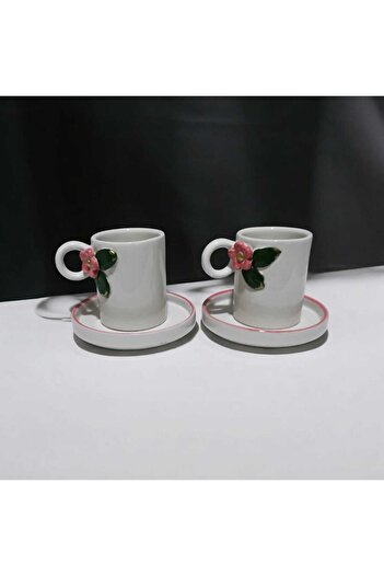 seda seramik Handmade Design Handle Edge Flowered Cup 2-Person 4-Piece Coffee Cup Set 110 ml