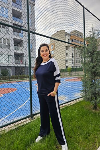 xlargebutik Plus Size Women's Clothing Navy Blue White Stylish and Comfortable Set