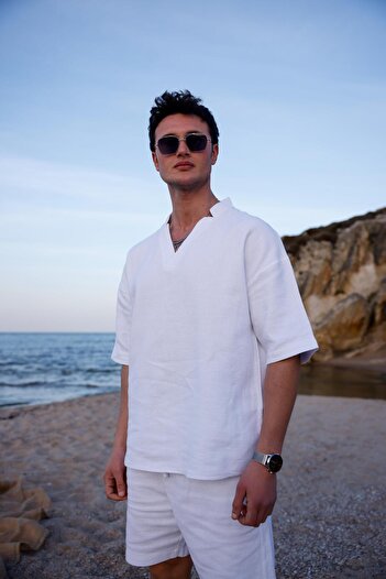 Pobudo White Color V-Neck Shirt Shorts Men's Washed Linen Set