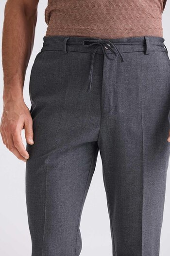 Jakamen Dark Navy Comfort Fit Elastic Waist Wool Fabric Trousers
