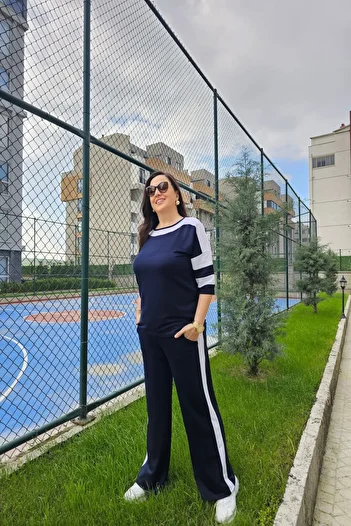 xlargebutik Plus Size Women's Clothing Navy Blue White Stylish and Comfortable Set