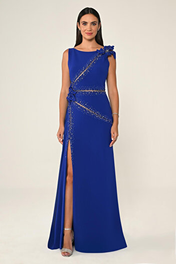 ALFABETA Long Evening Dress - Floral, Stone and Accessories Slit Alfa Beta