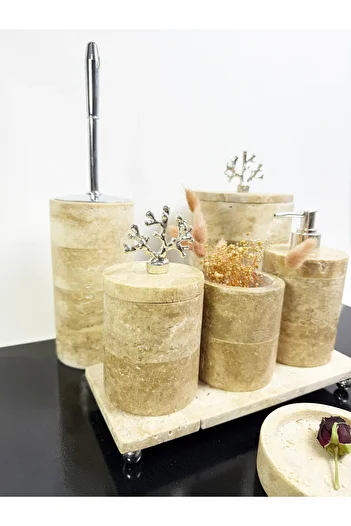 Modestmar Round Travertine Bathroom Set - 7 Pieces with Silver Coral Accessories