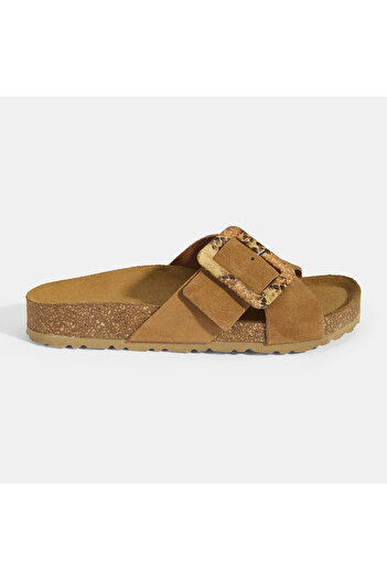 Desa Women's Tan Adjustable Buckle Detailed Suede Slippers