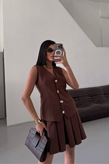 buğrahayalin Vest - Pleated Skirt Look Dress - Brown