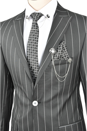 DeepSEA Men's Black Slim Fit Striped Single Button Single Slit 2 Piece Suit 2300101
